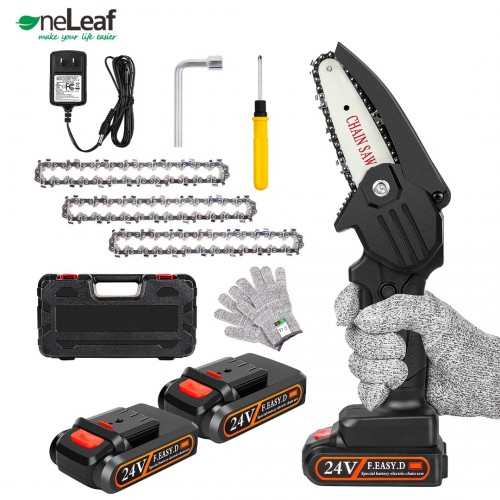 OneLeaf Mini Chainsaw Cordless Upgrade with 3 Chain 24V Strong Power 2 Batteries and Charger